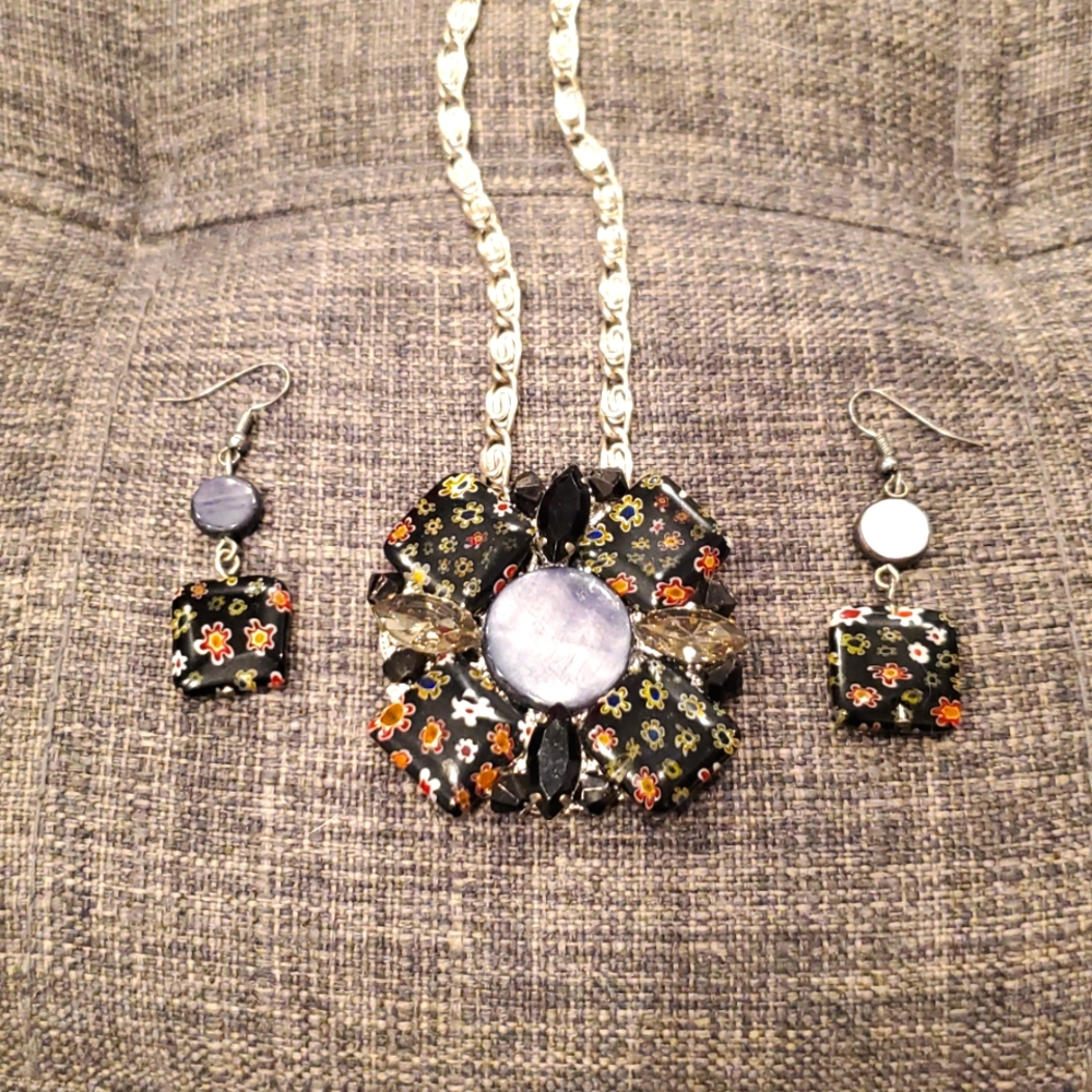 Vintage Italian black Millefiori necklace and earring set